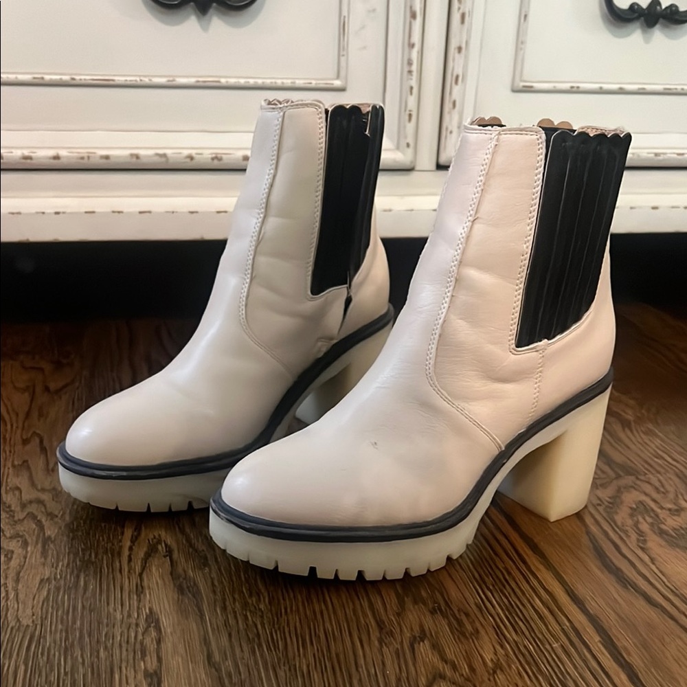 White and Black Heeled Boots with Chunky Heel